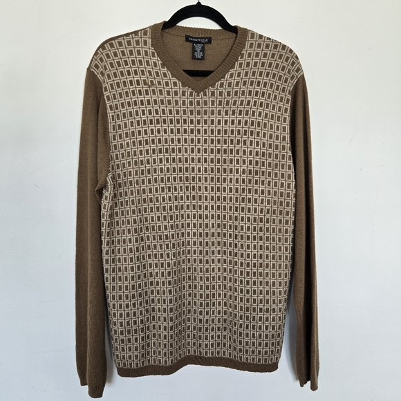 Kenneth Cole New York Tan Brown Geometric Wool Blend Sweater Size XL Retro Y2K - Picture 1 of 10